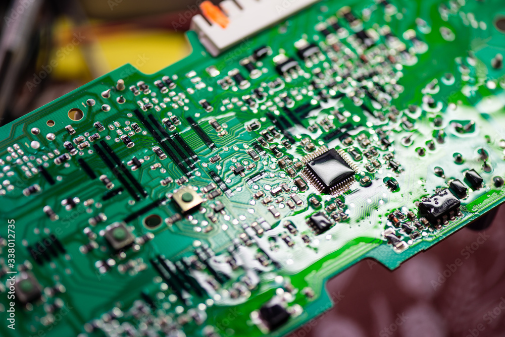 Obraz premium Laptop motherboard closeup. Printed circuit Board with SMD components