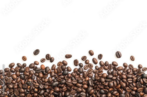 Coffee beans isolated on white background with copy space. Coffee time and breakfast at morning time concept.