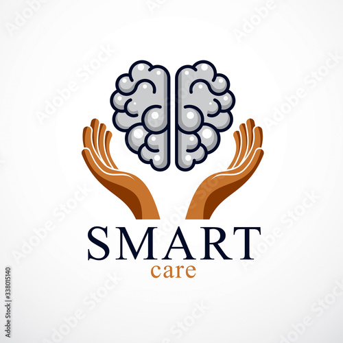 Smart Care concept, vector logo or icon design of human anatomical brain with careful tender and defending hands.