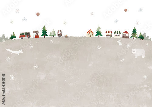 雪の草原とクリスマスマーケットと動物