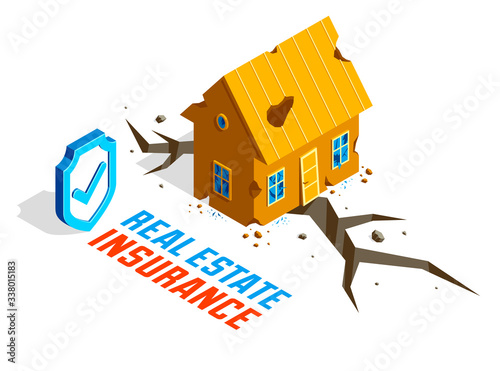Fényképezés House on ground crack because of earthquake real estate insurance concept vector isometric illustration isolated on white background, natural disaster protection