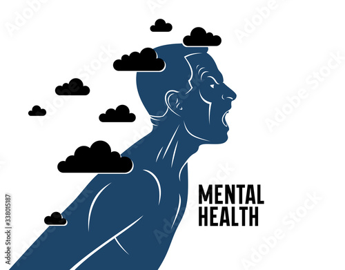 Anger, aggression and psychosis mental health and high anxiety vector conceptual illustration or logo visualized by man face profile shouting and screaming, dark clouds over his head.