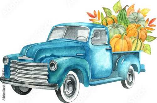 Watercolor retro truck with harvest - pumpkin vegetables. Hand painted vintage retro car illustration perfect for thanksgiving card making, wedding invitation and fall autumn postcards 