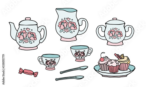 Cute doodle tea time set. Hand drawn design elements.