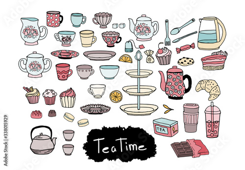 Cute doodle tea time set. Desserts, cups, mugs and teapots. Hand drawn design elements for menu. Cupcakes and sweets with tea or coffee in cartoon colors.