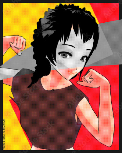 Anime Girl Cartoon Character Japanese Girl with Comic Effect with a smile and Background it's Anime Manga Girl from Japan