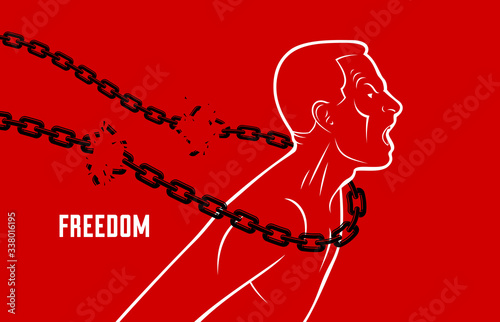 Shouting and screaming man trying to break the chain struggling for freedom, fight and liberate concept, liberty and human rights vector conceptual illustration.