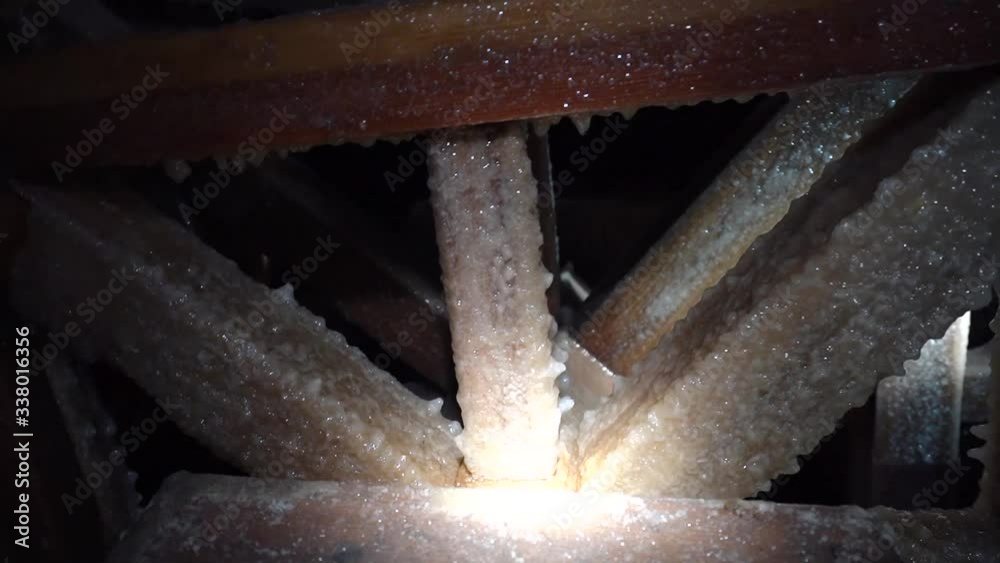water wheel covered with salt cristal turn in underground mine water wheel covered with salt cristal turn in underground mine