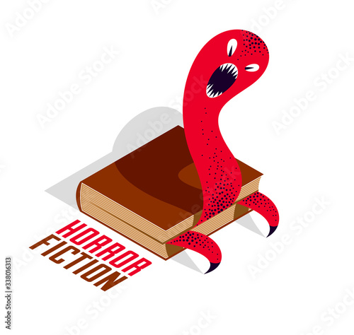 Horror fiction book with creepy creature monster getting out of pages vector illustration 3d isometric, literature concept, thrilling reading concept.