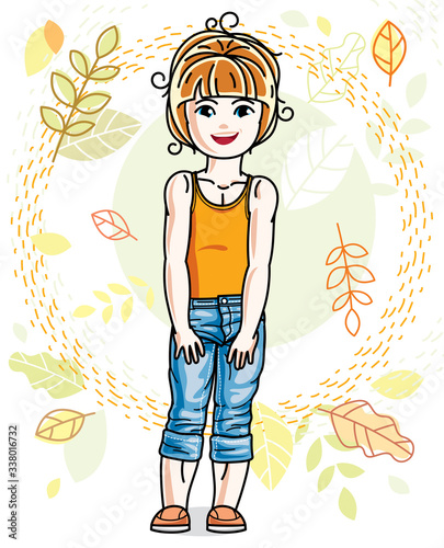 Sweet little redhead girl standing on background of autumn landscape and wearing stylish casual clothes. Vector kid illustration.