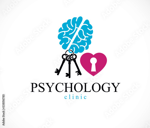 Mental health and psychology conceptual logo or icon, psychoanalysis and psychotherapy as a key to human mind concept. Vector simple classic design.