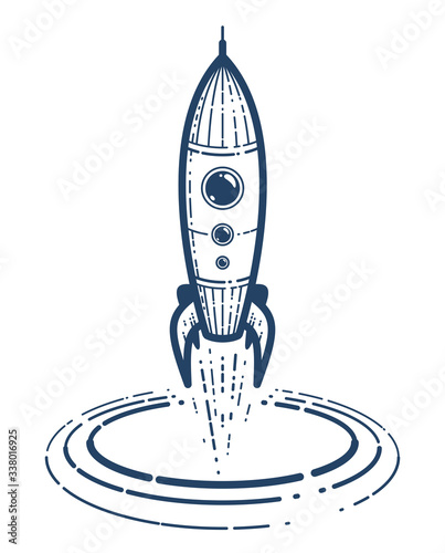 Rocket launch vector simple linear icon, missile start up business line art symbol, space technology and science, science fiction literature sign.