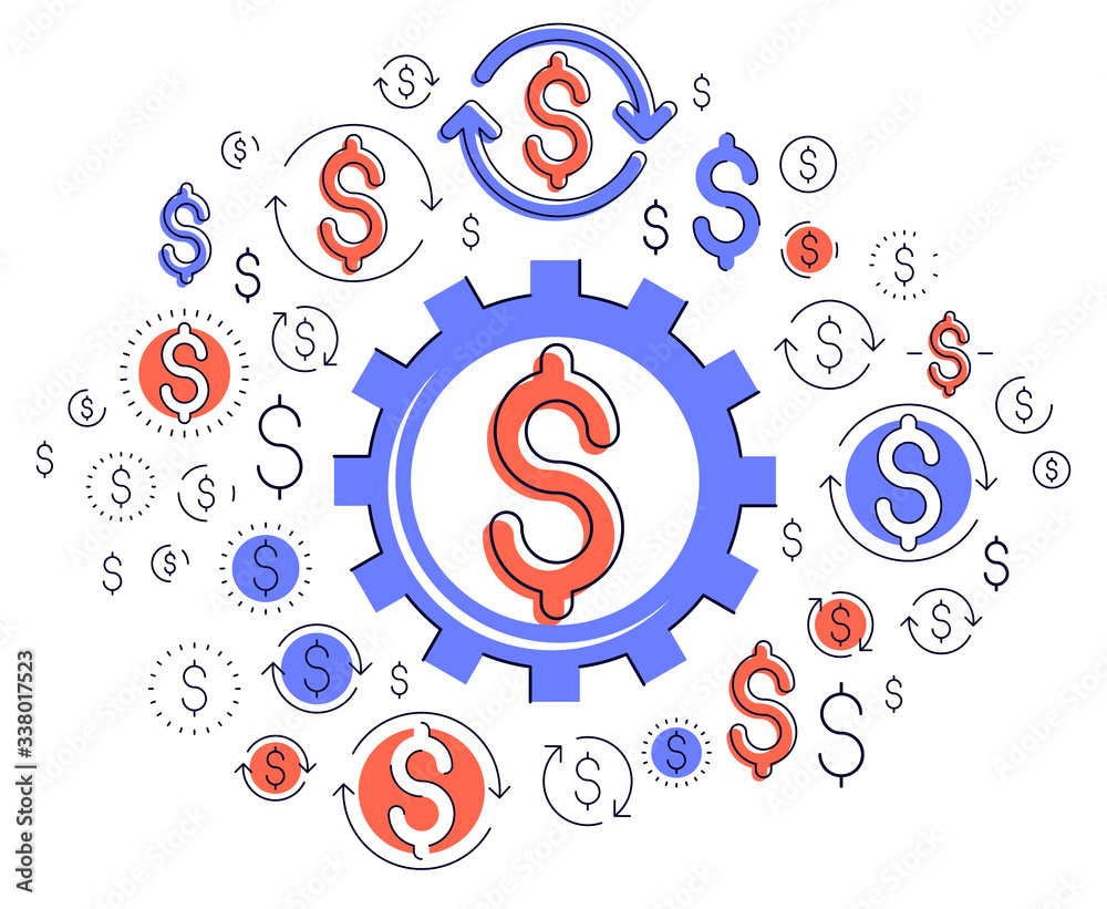 Economy system and business concept, gear mechanism with dollar signs and icon set, allegory design of systematic business and financial activity, vector illustration.