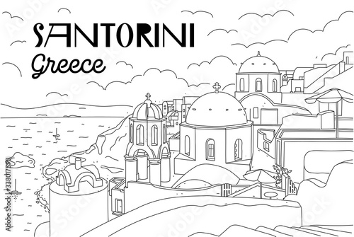 Santorini island, Greece. Beautiful traditional white architecture and Greek Orthodox churches with blue domes over the caldera, Aegean Sea. Scenic travel background. Linear illustration