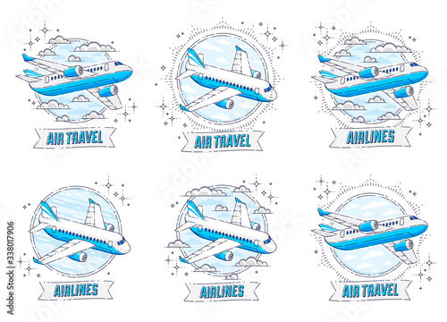 Airlines air travel emblems or illustrations with plane airliner, round shape and ribbon with typing. Beautiful thin line vectors set isolated over white background.