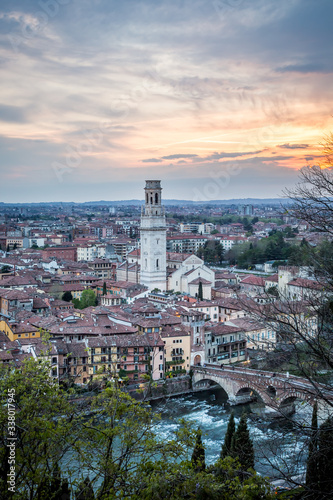 View of the evening Verona from the observation deck at the Castle of St. Peter. Verona, Veneto, Italy