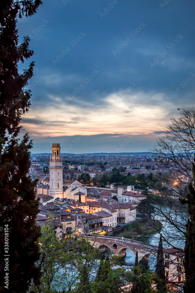 View of the evening Verona from the observation deck at the Castle of St. Peter. Verona, Veneto, Italy