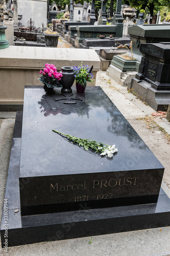A tomb of Marcel Proust, a French novelist, and his brother Robert in the Père Lachaise Cemetery, Paris, France