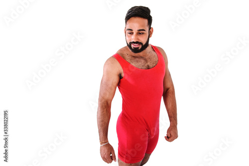 Handsome young male Asian wrestler wearing red body suit or unitard, isolated on white background photo
