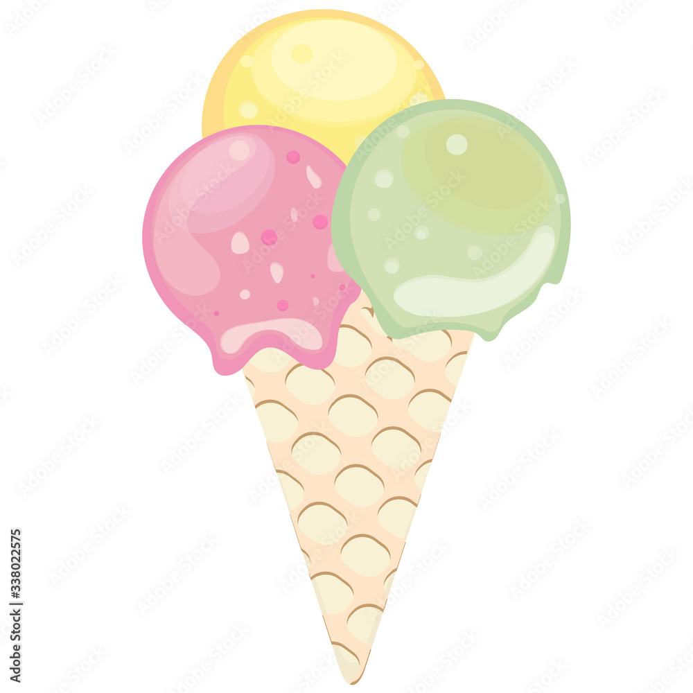 Waffle cone with three ice cream balls. Strawberry ice cream, pistachio ice cream, lemon ice cream. Vector illustration. Isolated object on a white background. Waffle cone with three ice cream balls. Strawberry ice cream, pistachio ice cream, lemon ice cream. Vector illustration. Isolated object on a white background.