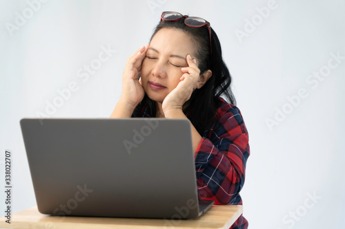 Woman stress and headache during working from home, WFH concept
