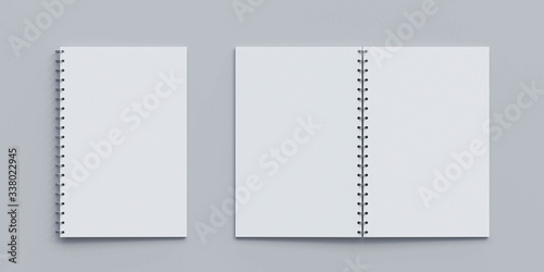 Open and closed blank note book on white desk copy space empty blank to add your content 3d render illustration