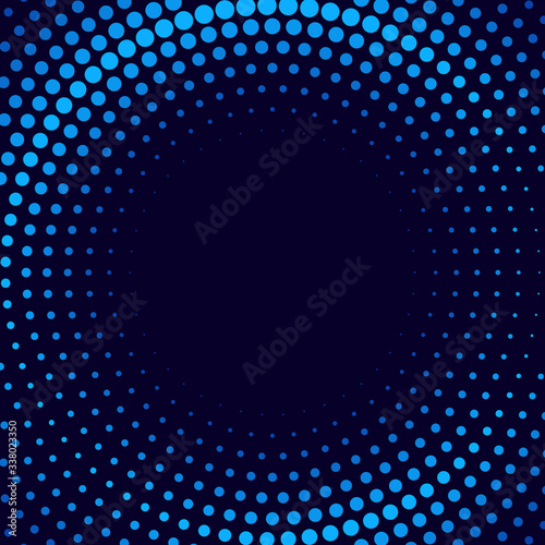 Halftone gradient pattern. Colorful dot texture, round halftone ornament for your design. Abstract neon dark blue background. Vector illustration