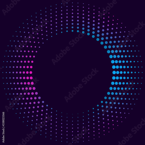 Halftone gradient pattern. Colorful dot texture, round halftone ornament for your design. Abstract neon dark blue background. Vector illustration