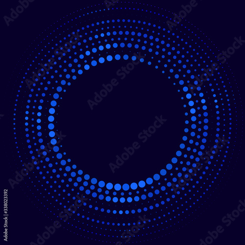 Halftone gradient pattern. Colorful dot texture, round halftone ornament for your design. Abstract neon dark blue background. Vector illustration