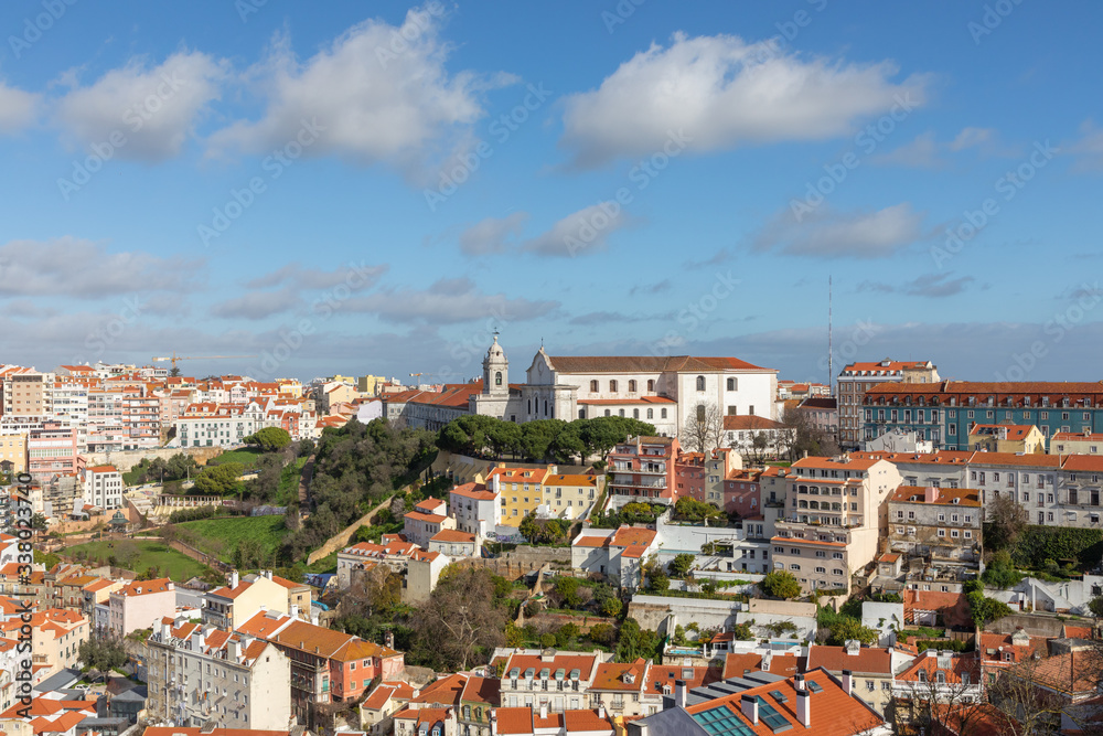 Beautiful panoramic view of  on Graca (Graça) hill with Nossa Senhora da Graca Church and Convent on the top. Lisbon, Portugal