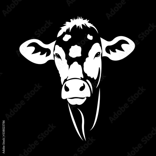 Vector of picture cow head design ,logo design,Farm Animals,Black and white picture,Line animal,on the black background.