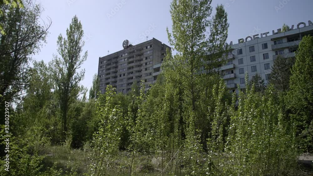 Chernobyl Exclusion Zone. Blok of flats in Pripyat. Wide Dolly Shot Chernobyl Exclusion Zone. Blok of flats in Pripyat. Wide Dolly Shot