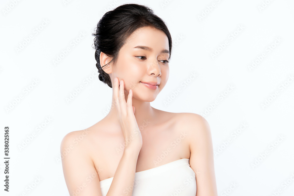 Beautiful Young Asian Woman with Clean Fresh Skin. Face care, Facial treatment, Cosmetology, beauty and healthy skin and cosmetic concept, woman beauty skin isolated on white background Beautiful Young Asian Woman with Clean Fresh Skin. Face care, Facial treatment, Cosmetology, beauty and healthy skin and cosmetic concept, woman beauty skin isolated on white background