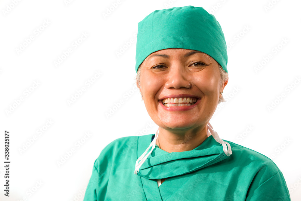 mature attractive and happy medicine doctor woman or hospital nurse in medical scrubs latex gloves and mask smiling confident isolated on white background mature attractive and happy medicine doctor woman or hospital nurse in medical scrubs latex gloves and mask smiling confident isolated on white background