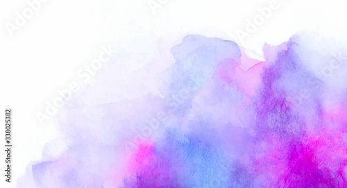 Hand painted watercolor texture. Abstract blue and lilac color splash on white background. 