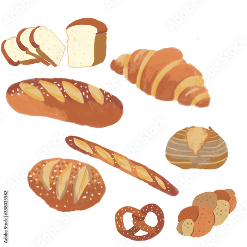 Bread. Artisan Bread. Illustration of Set of Breads. Hand drawn sketch style of bread and bakery product. Set of fresh bread. Bakery hand drawn collection. Hand drawn illustration isolated on white.