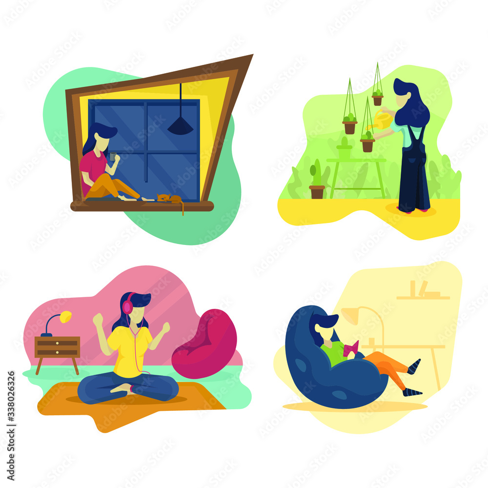 Quarantine, stay at home concept series woman sitting at their home, room or apartment, listen music, Watering the plants, relaxing on sofa read book use for illustration, information, and other