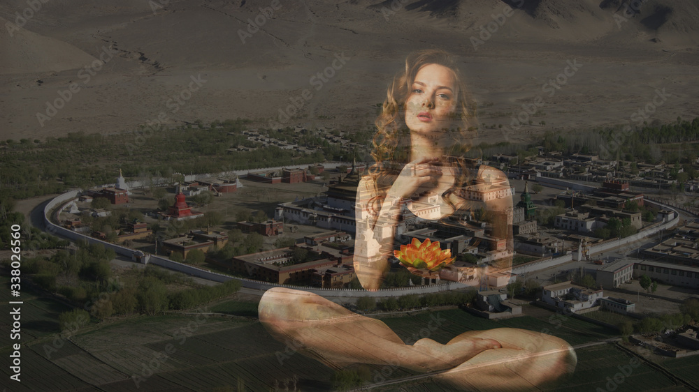 girl in a meditation pose on a background of natural landscapes