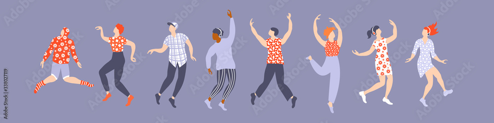 Set of dancing young people. Simple silhouettes on purple backround. Men and women. Flat vector illustration.