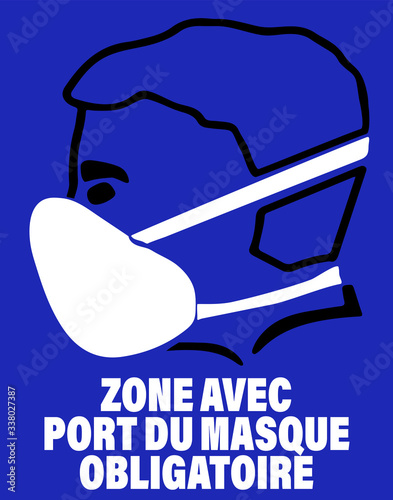 carte ou bandeau "zone avec port du masque obligatoire " dessin d'un homme en noir portant un masque blanc sur fond bleu