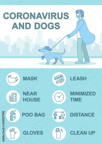 Quarantine and dog tips vector infographic template. Woman wearing face mask walking with pet flat character with linear icons. Cartoon vector advertising flyer, leaflet, ppt info poster idea