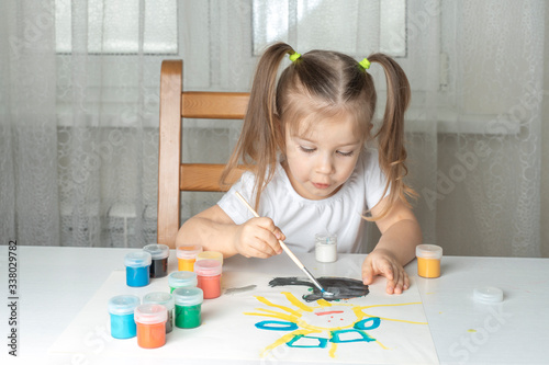 what to do for a child during the period of quarantine and self-isolation, a girl plays and paints with oil