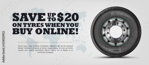 Class eight semi truck wheel.  Realistic vector shining disk. Banner. Promo. Information. Store. Sale. Mock-up. Travel. Global trade. Texture.