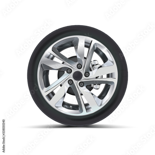 Car tyre isolated rubber tire front view. Vector vehicle wheel realistic design. Tire shop, motor vehicle and transportation. Race sport tire for automobile vehicle. Steel or metal rim with protector.