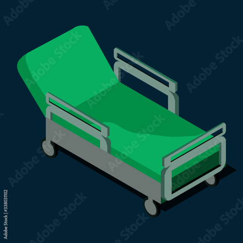 Isometric hospital bed with green blanket and cushion on wheels for games and web