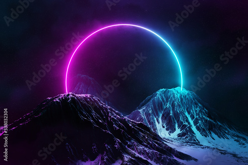 Abstract background with blue and pink neon light circle reflecting on snowy mountains 3D rendering