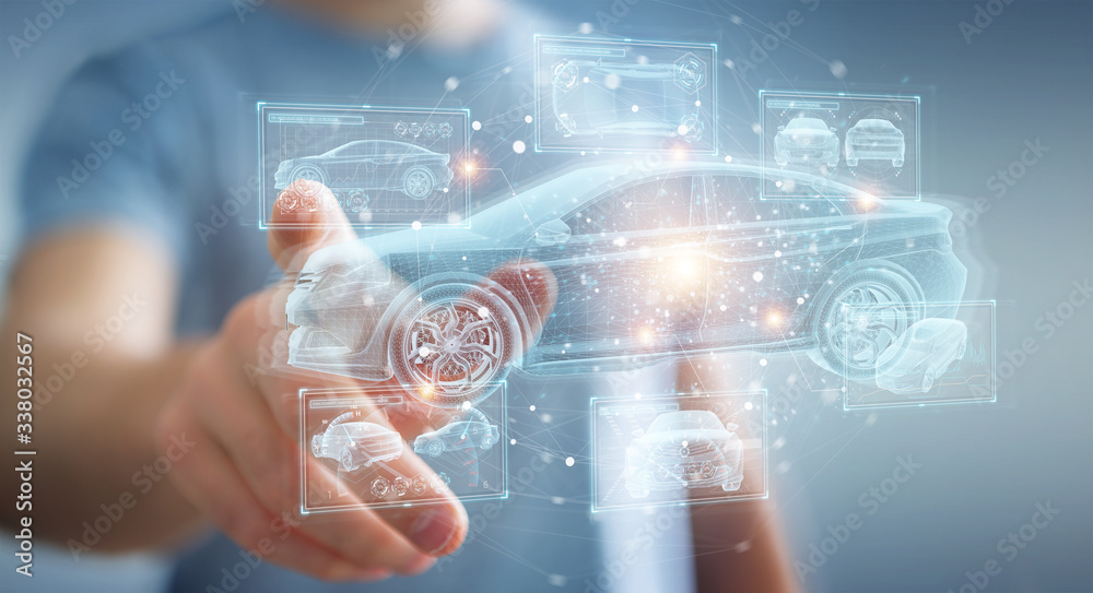 Man holding and touching holographic smart car interface projection 3D rendering Man holding and touching holographic smart car interface projection 3D rendering