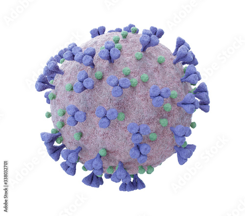 3D rendering of the coronavirus on a microscopic level isolated on white background. Microscope close-up of the covid-19 disease. 2019-nCoV virus