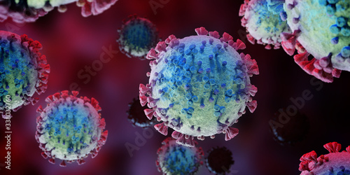 Microscopic close-up of the covid-19 disease. Coronavirus illness spreading in body cell. 2019-nCoV analysis on microscope level 3D rendering