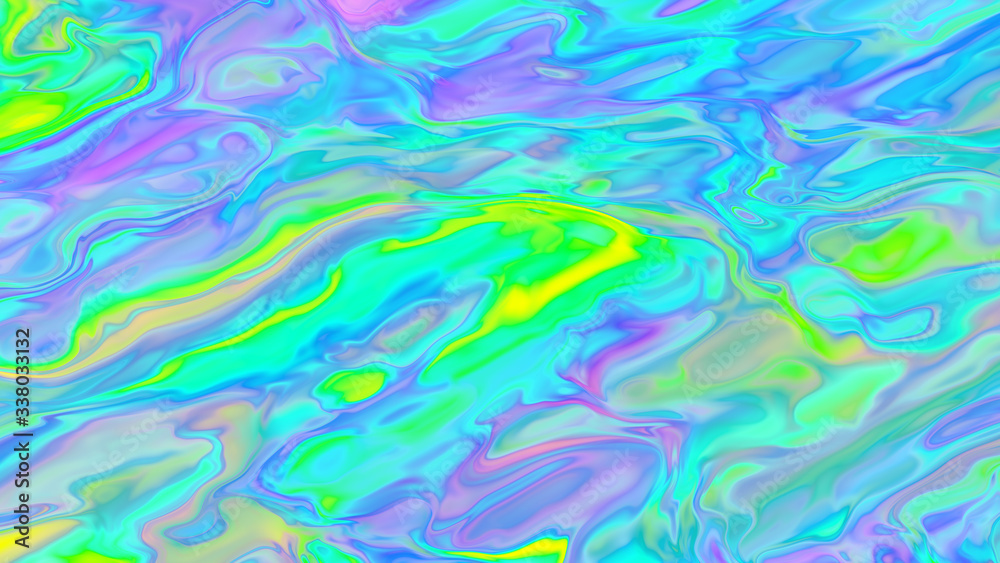 Trippy holographic background. Rainbow wavy texture. Fluid iridescent pattern. Psychedelic neon waves. Turbulence effect in acid colors.